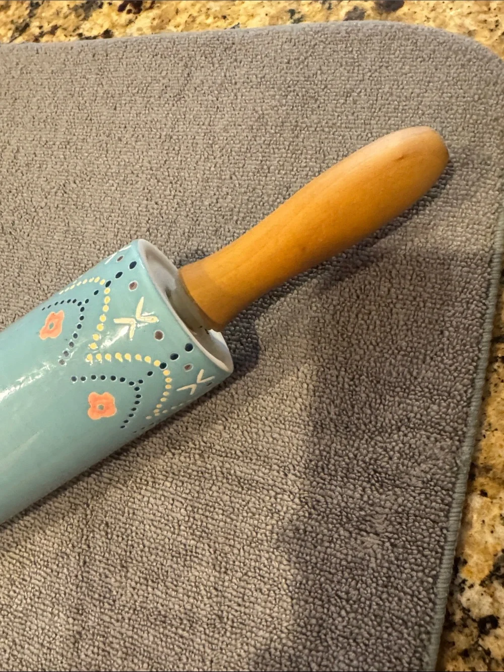 Hand-Painted Aqua ceramic Decorative Rolling Pin with Wooden Handles. 19”